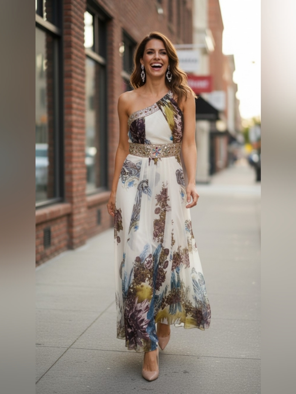 MAY QUEEN COUTURE One-Shoulder Floral Maxi Dress in Ivory and Multi SIZE 8